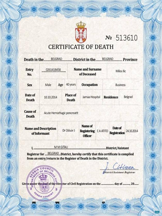 Download Serbia death certificate PSD template Photoshop template